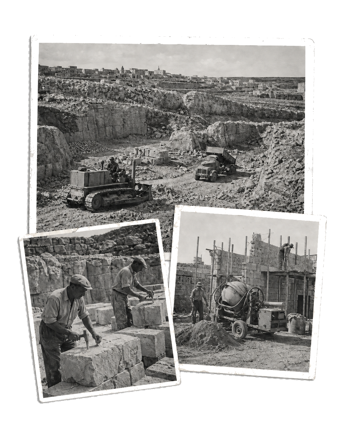 Archival-style collage of Maltese limestone quarrying, stone masonry and early construction machinery